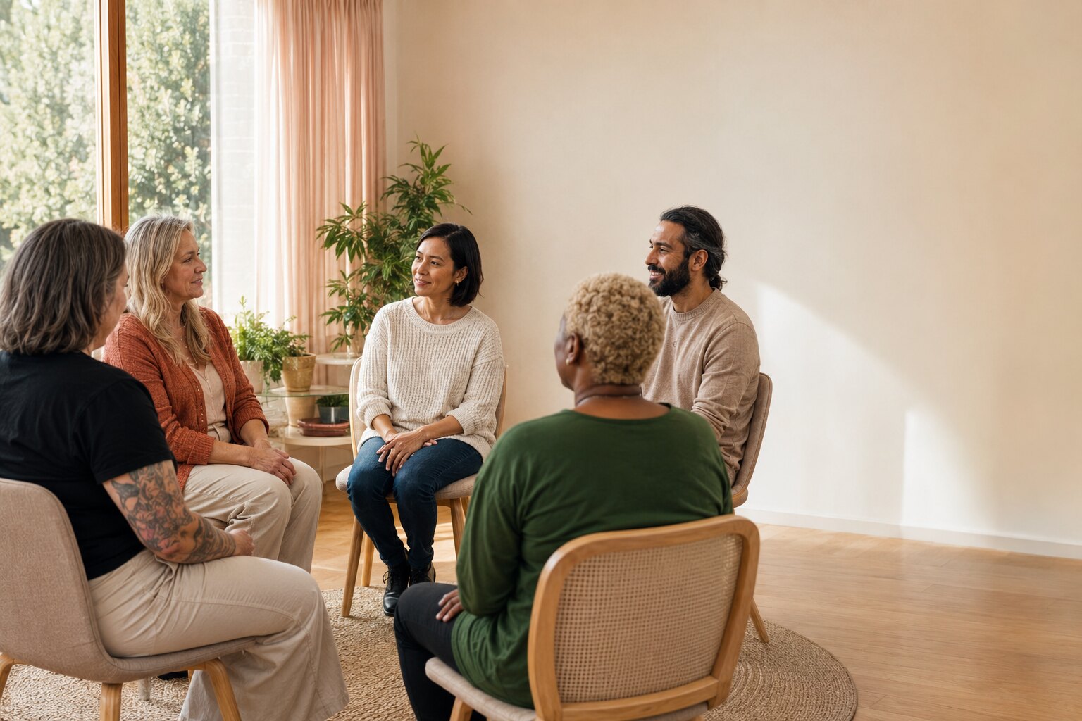 Diverse adults participating equally in a warmly facilitated reflection circle