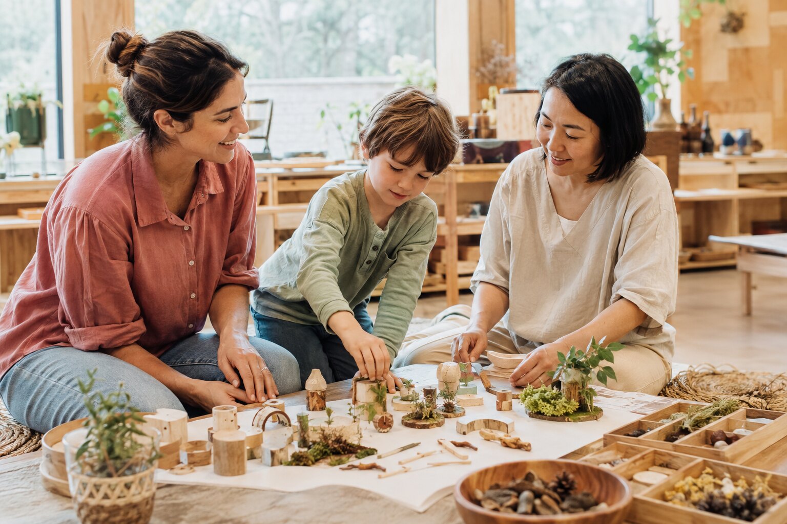 A child, parent and educator collaboratively exploring a natural-material learning project