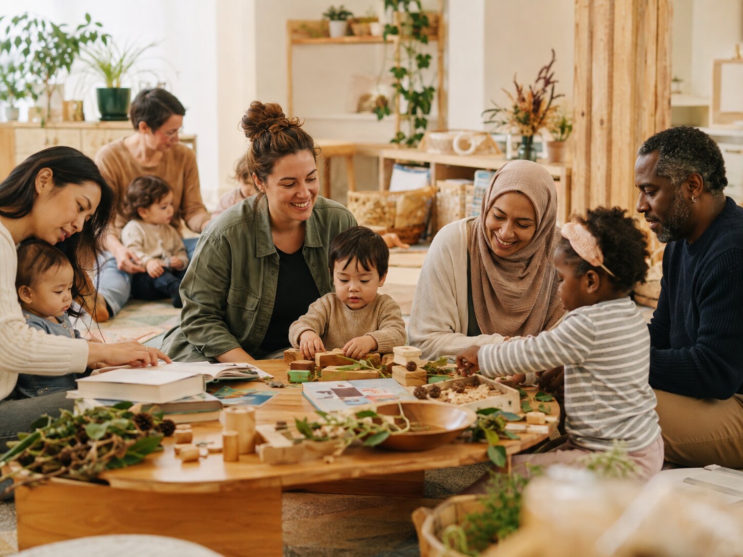 Parents, carers and children sharing a hands-on learning activity in a community circle